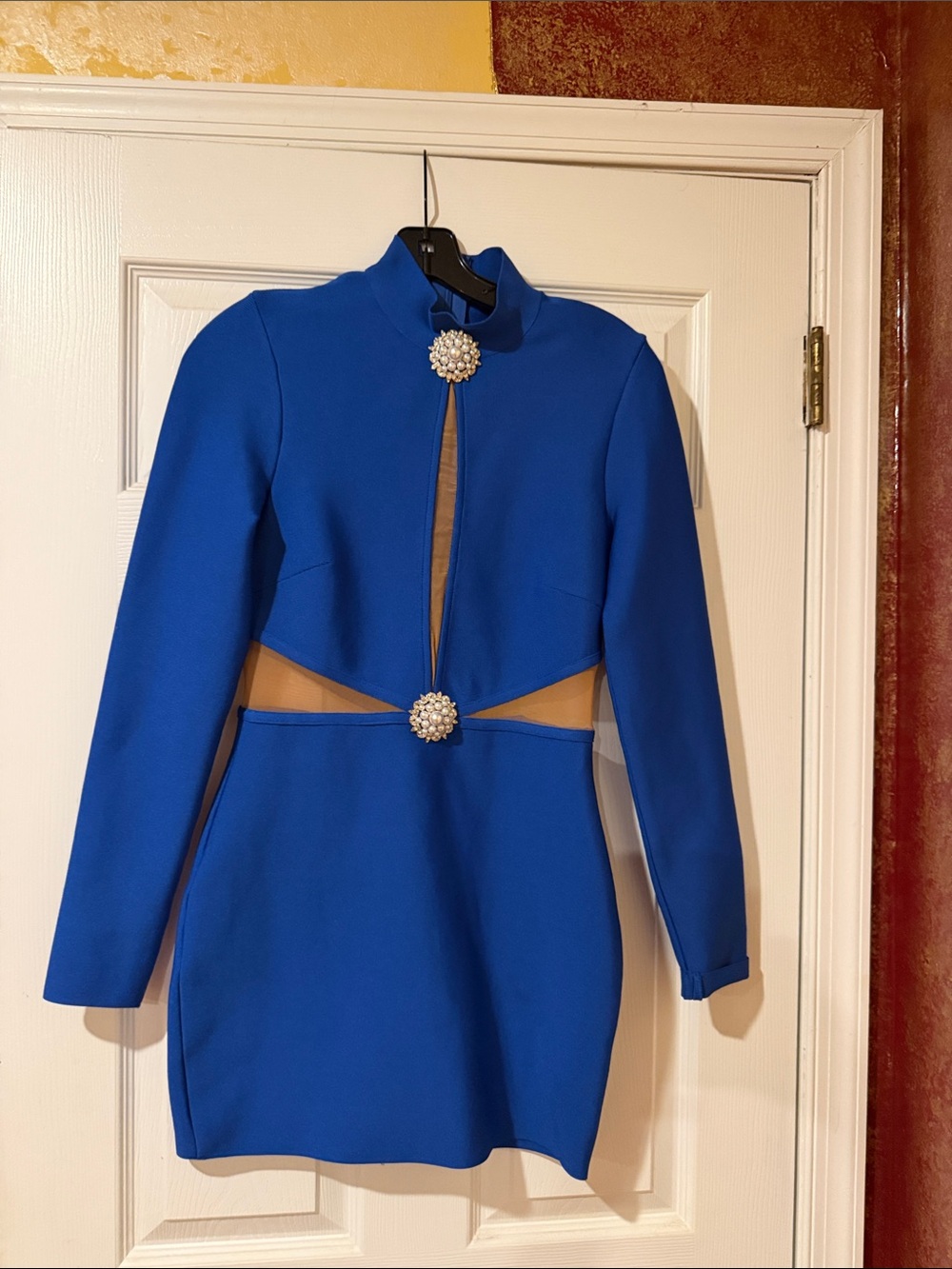 Royal Blue Long-Sleeve Cutout Mini Dress with Decorative Brooches